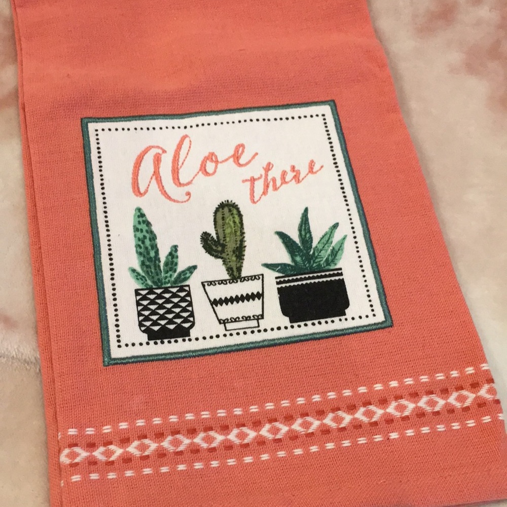 Aloe There Designer Embroidered Kitchen Towel NWT Coral Cotton India 18”X28”